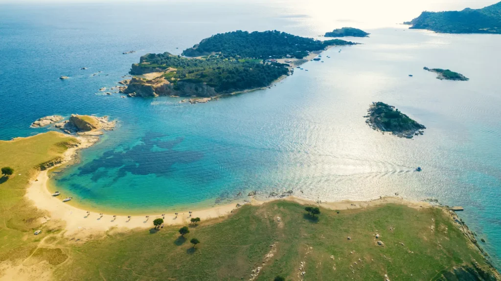 Aerial view of Drenia Islands near Ammouliani, Halkidiki — a stop on the classic 4-hour private cruise from Vourvourou with Explore Boat Trips