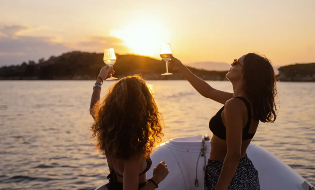 Group of friends or colleagues raising glasses during a sunset cruise in Greece