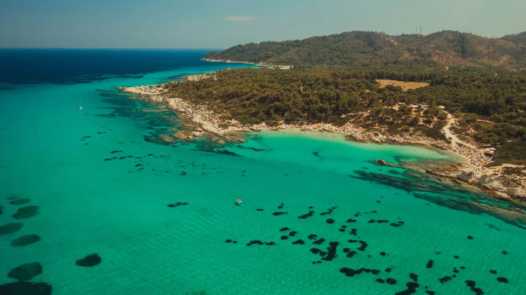 Orange Beach on the Sithonia coastline, Halkidiki — a stop on the Sithonia Riviera private cruise from Vourvourou with Explore Boat Trips